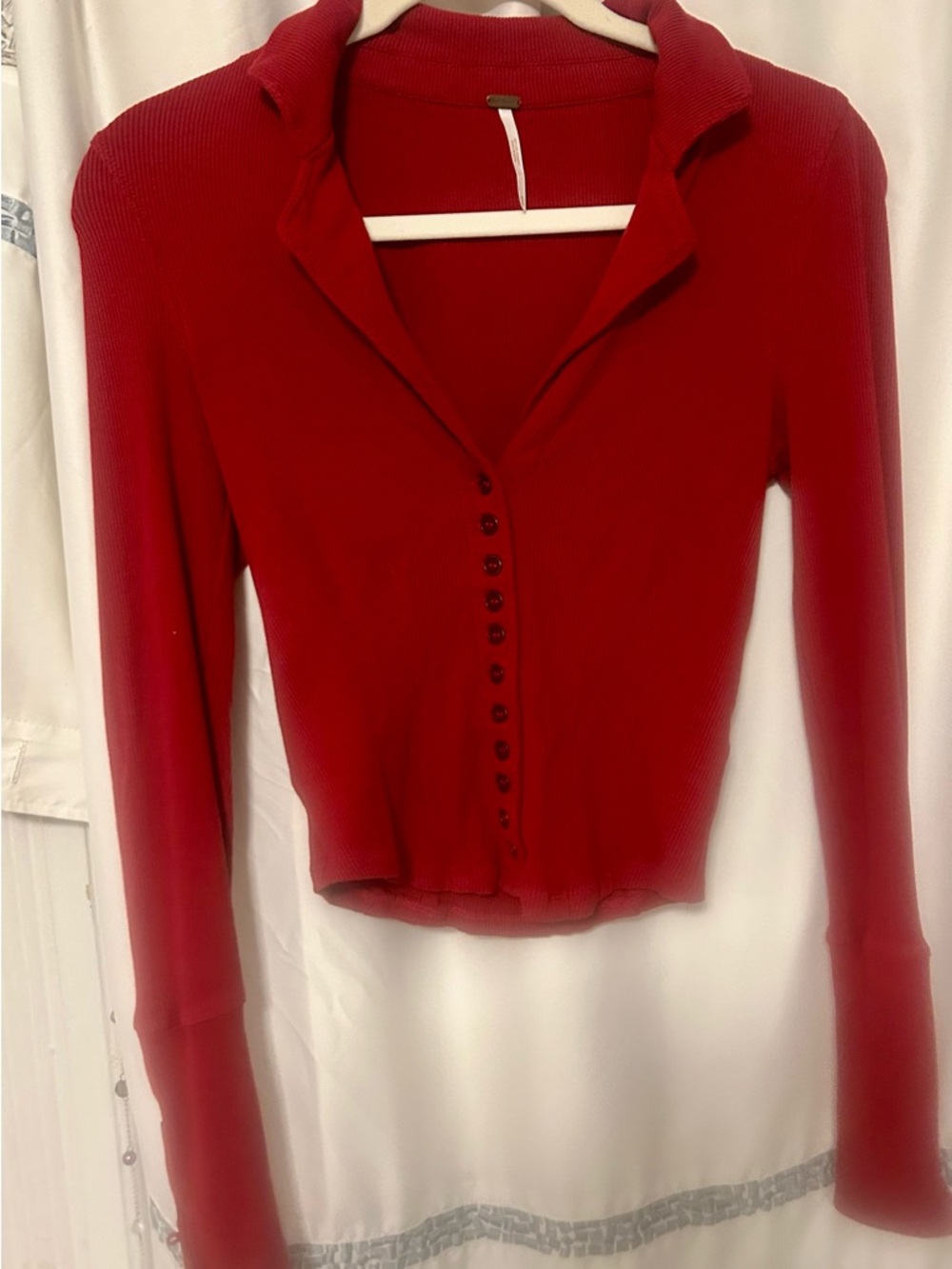 Free People Ribbed Button-Front Long-Sleeve Top in Deep Red - Picture 4 of 5